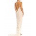 MORPHEW ATELIER Ivory Rayon Blend Jersey Asymmetrically Draped Sexy Gown With Metal Mesh & Swarovski Crystals