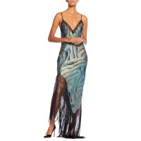 MORPHEW ATELIER Blue Bias Cut Silk Metal Gold Lamé Gown With Antique Fringe