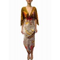 MORPHEW COLLECTION Gold Multi Silk Status & Scenic Print 2-Scarf Dress Made From Vintage Scarves