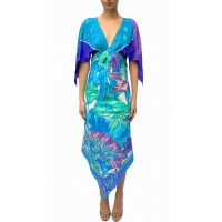 MORPHEW COLLECTION Blue & Purple Silk Floral 2-Scarf Dress Made From Pierre Cardin Vintage Scarves